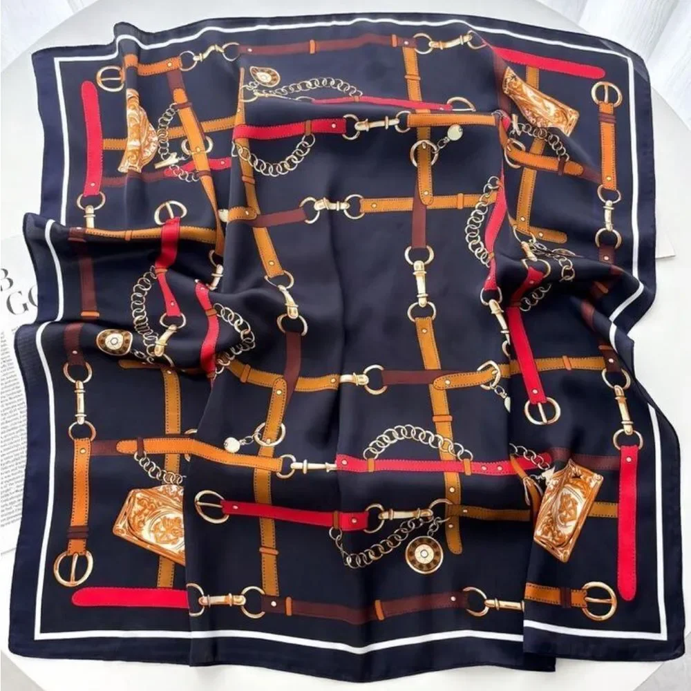 navy Chain & Belt Print Scarf N1286